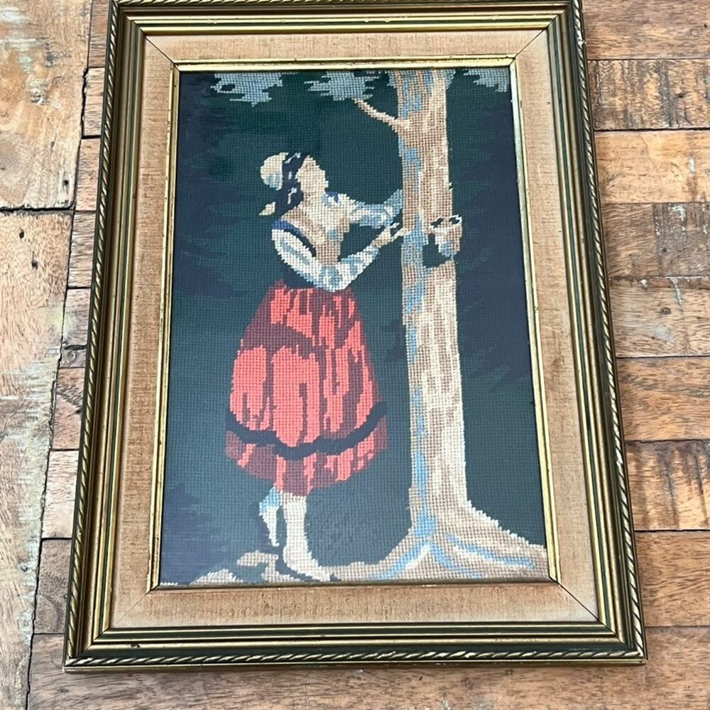 VTG Needlepoint Cross-Stitch Yarn Art Gold Ornate Frame Victorian Woman